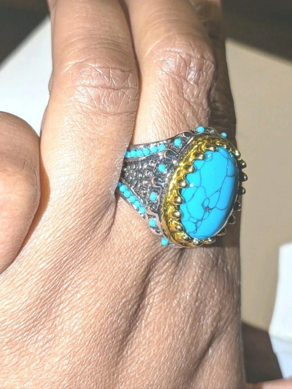 Retro Punk Style Ring Simulated Turquoise Two Tone Polished Statement Band Ring